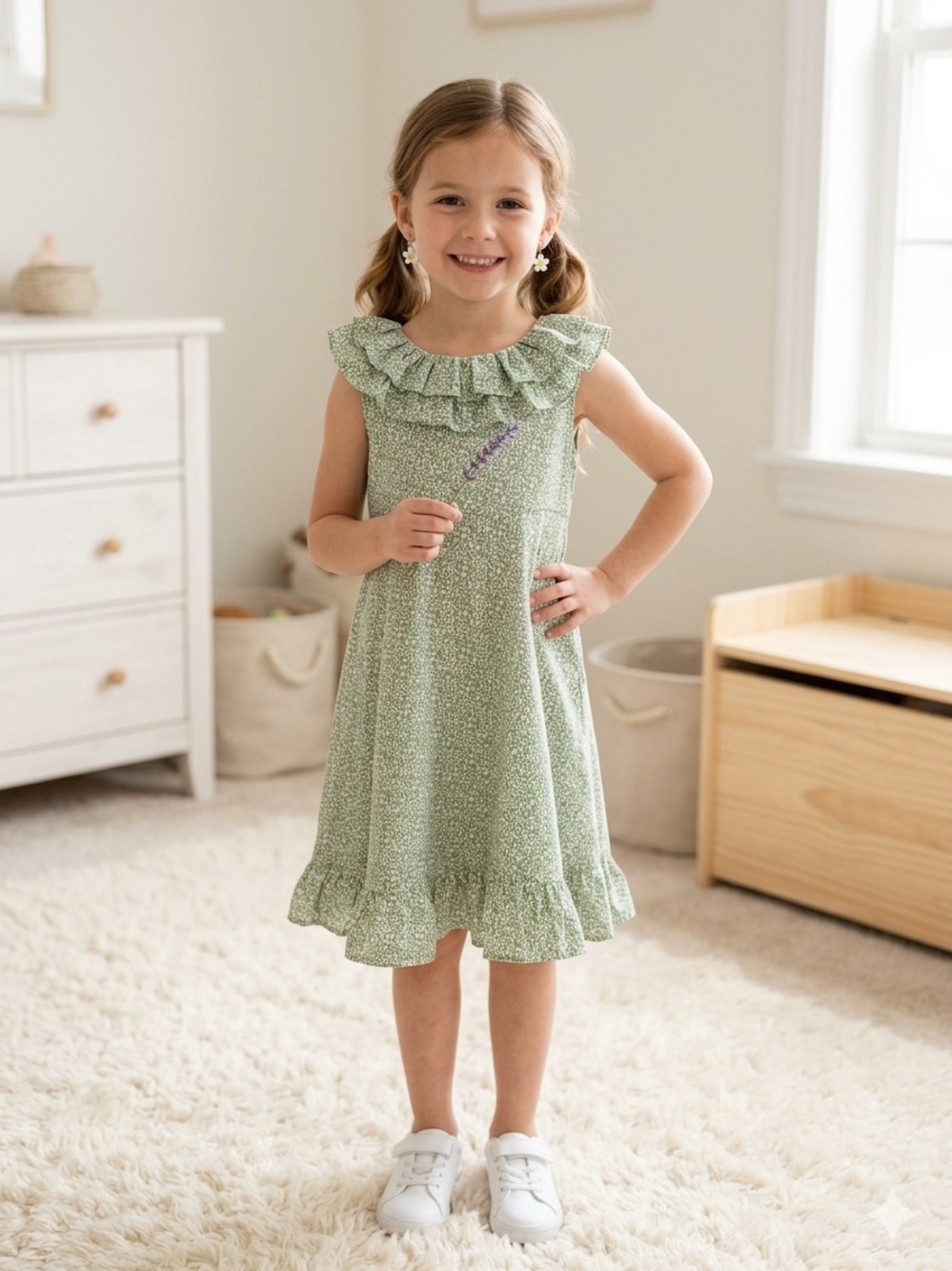 Aurora European Boutique Green Floral Ruffle Dress 100% Cotton Lined Size 6 30 - Picture 2 of 11
